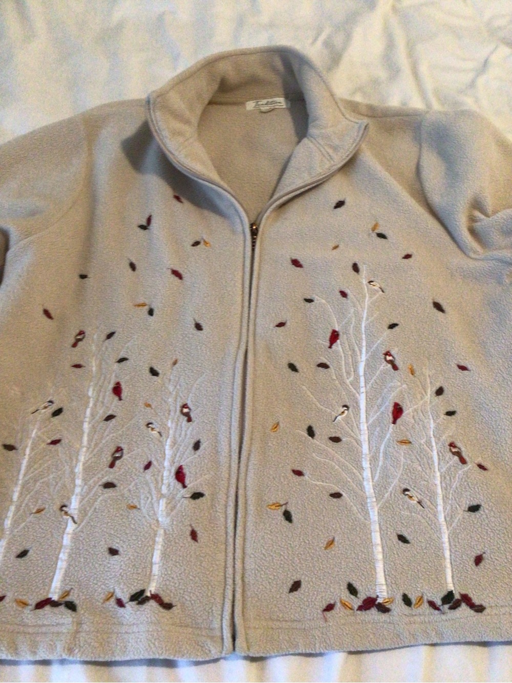 Beige Embroidered Zip-Front Women’s Cardigan Sweater - Picture 2 of 5